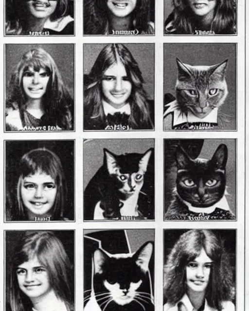 Prompt: a page from a 1977 high school yearbook, where all the students are cats