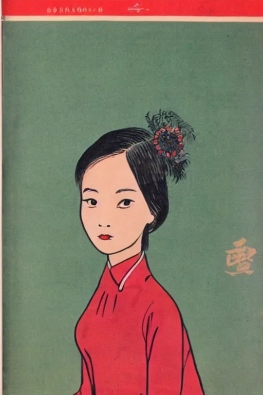 Prompt: 1 9 6 6 magazine color illustration of a young chinese woman who runs a demonic cult in shanghai