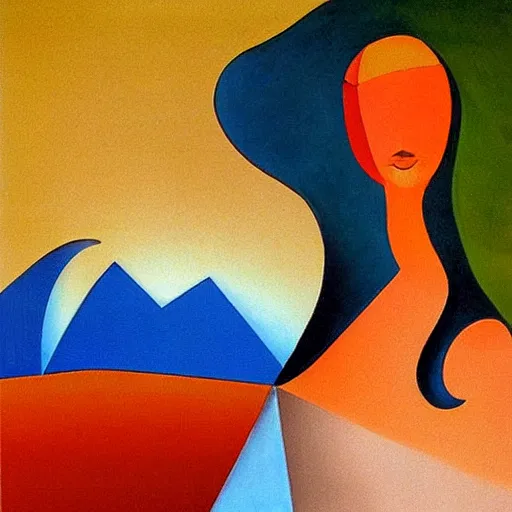 Image similar to woman as the natural landscape, her curves form the mountains and rivers of the land , high quality art in the style of cubism and georgia o’keefe,