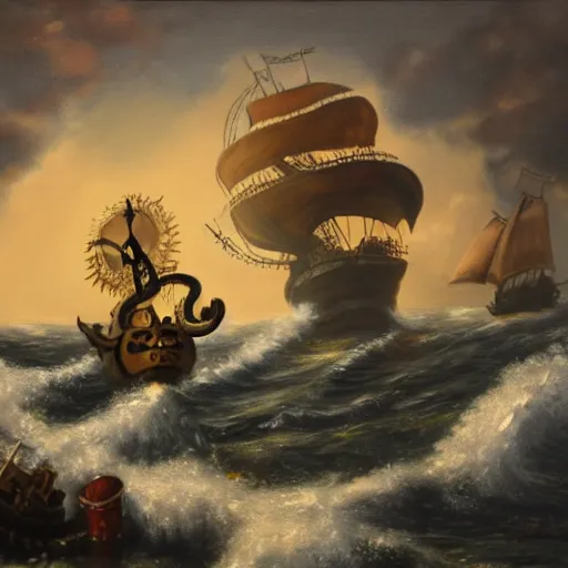 Image similar to oil painting of a kraken attacking a pirate ship