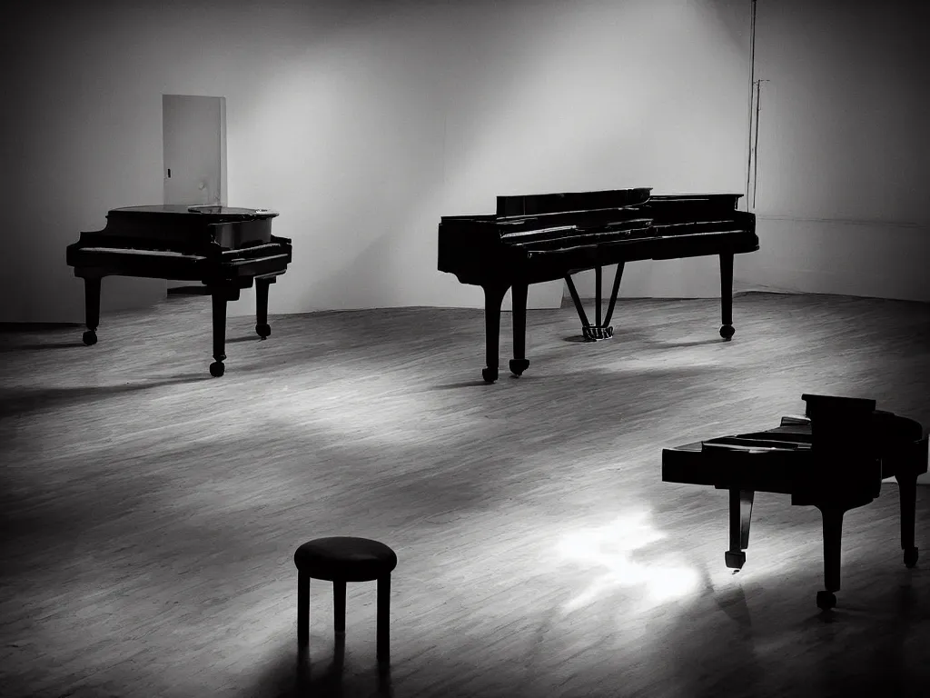 Prompt: “ a lone grand piano completely covered in spiderwebs in a dimly lit, empty rehearsal room, photorealism, light rays, cinematic lighting, dramatic, melancholy, atmospheric ”