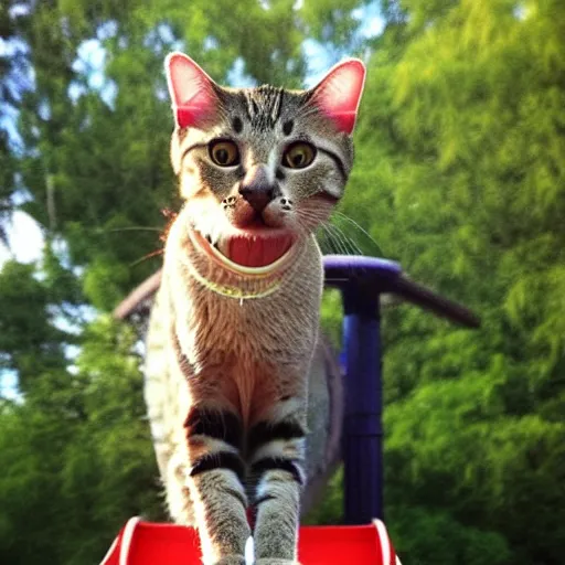 Image similar to !!! cat!!!, ferris wheel, feline, sitting, riding, funny, award winning photo, realistic,