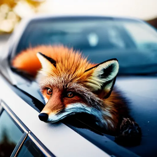 Image similar to curled up fox on a car's hood, award winning photography