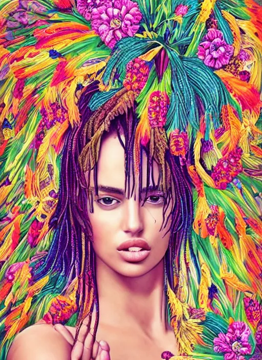 Image similar to beautiful portrait of Irina Shayk wearing fantastic Hand-dyed cotton dress, embellished beaded feather decorative fringe knots ,colorful pigtail,subtropical flowers and plants,symmetrical face,intricate,elegant, highly detailed, 8k,post-processing,digital painting, trending on pinterest, arper's bazaar,concept art, sharp focus, illustration, by artgerm,Tom Bagshaw,Lawrence Alma-Tadema,greg rutkowski,alphonse Mucha