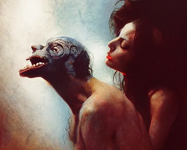 Image similar to underground carnival scene from a 7 0's movie by chris cunningham, kenneth anger and alejandro jodorowsky : : actor pulling an actress out of an animal's mouth : : ultra realistic, concept art, highly detailed by greg rutkowski, craig mullins, simon bisley