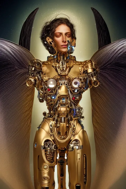 Prompt: a beautiful ultradetailed fine art photo of a cybernetic cyborg angel set against galactic space, by tom bagshaw and zach sutton, portrait, soft backlighting, cybernetic implants on the face, 5 0 mm lens, golden ratio composition, detailed faces, studio lighting, very detailed, mechanical robot neon wings, artstation, 8 k, highly coherent