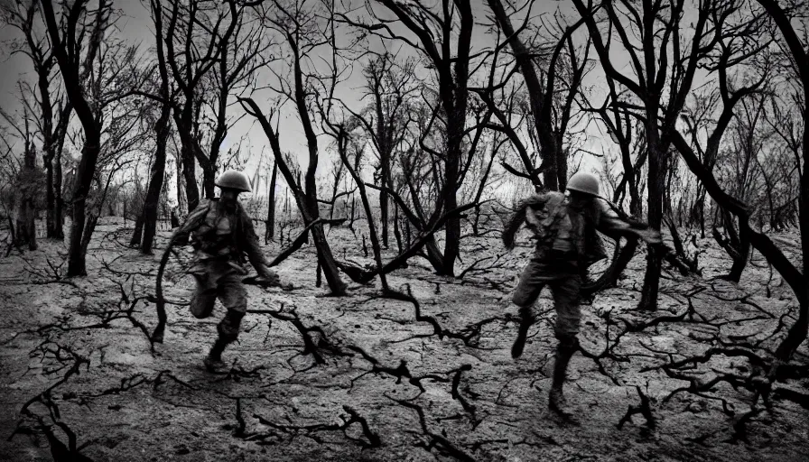 Image similar to screaming World War 1 soldier running across No Mans Land, wartorn landscape, lots of mud puddles and craters, burnt and broken trees, dirty lens, cinematic lighting, IMAX close-up cinematography, 35mm