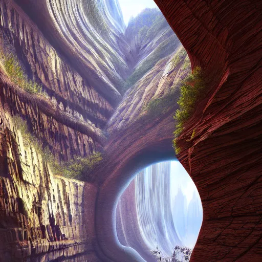 Prompt: a massive organic bio crystallographic bridging megastructure in a canyon, by glenn small, by lebbeus woods, by albert bierstadt, photorealistic, zaha hadid, volumetric lighting, detailed, intricate, raytrace, octane, mirror, cgscociety,