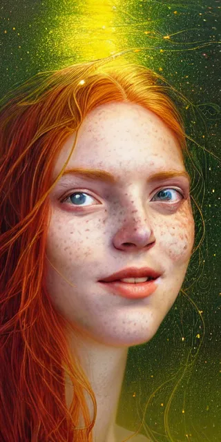 Image similar to infp young woman, smiling amazed, golden fireflies lights, sitting in the midst of nature fully covered, long loose red hair, intricate linework, green eyes, small nose with freckles, oval shape face, realistic, expressive emotions, dramatic lights spiritual scene, hyper realistic ultrafine art by michael cheval, jessica rossier, boris vallejo