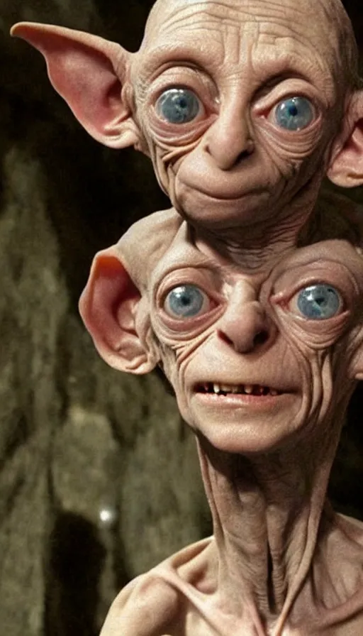 Image similar to dobby gollum, cinema still