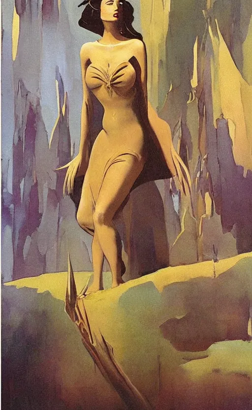 Prompt: a beautiful painting of a fair skin with dark hair queen in a metallic dress, by bruce pennington, by eyvind earle, nicholas roerich, by frank frazetta, by georgia o keeffe, by dean cornwell, highly detailed!!!, tonalism, jewels, tiles curtains, oriental, desaturated!!!!!!!!!