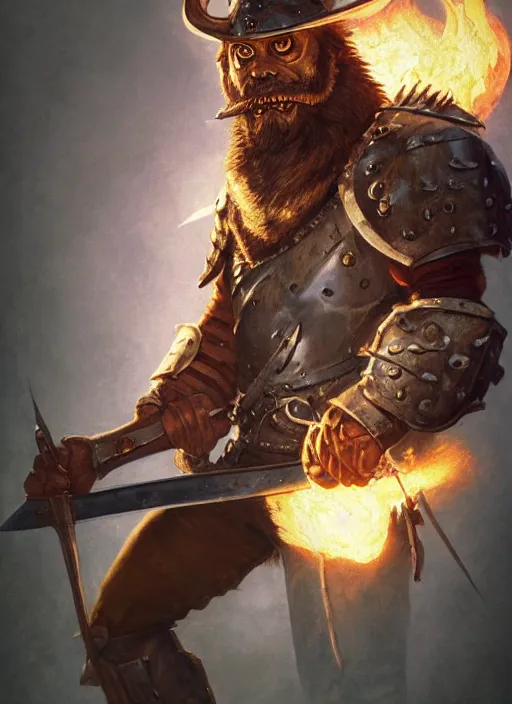 Image similar to photorealistic bugbear ranger holding sword on fire, magic, black beard, dungeons and dragons, pathfinder, roleplaying game art, hunters gear, jeweled ornate leather and steel armour, concept art, character design on white background, by sargent, norman rockwell, makoto shinkai, kim jung giu, artstation trending, poster art, colours red