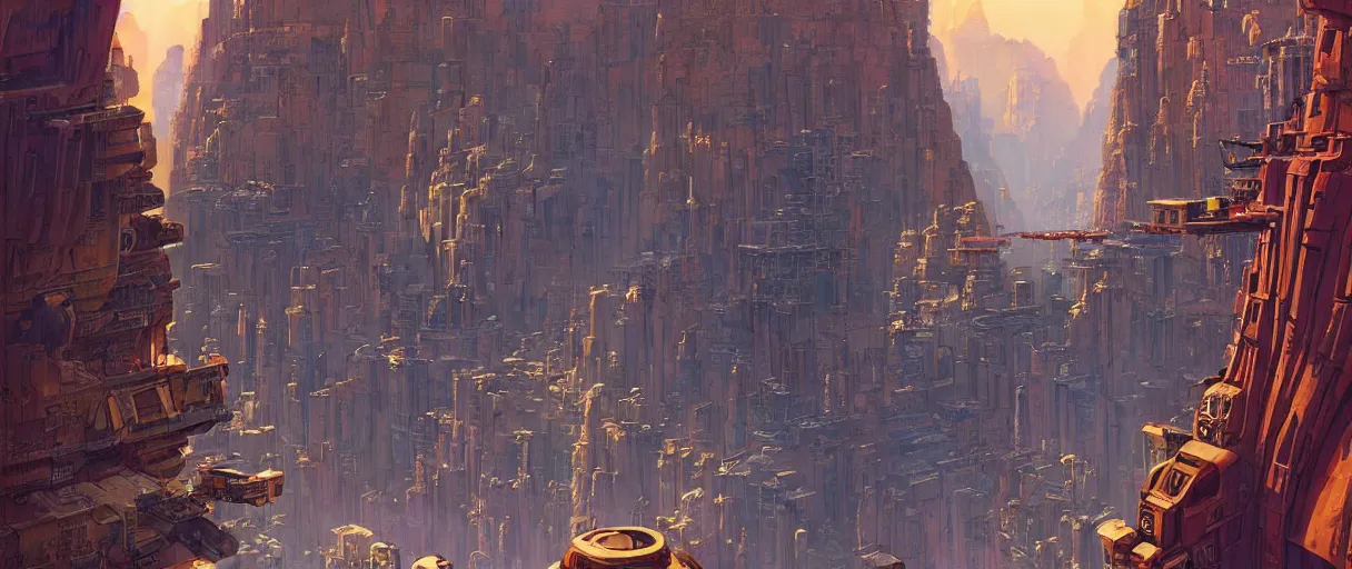 Prompt: a retro futurism city made of sandstone and brass with towering elegant elevated railways connecting districts across a unfathomably large canyon on another world by robert mccall and john berkey | ralph mcquarrie :. 5 | unreal engine :. 3