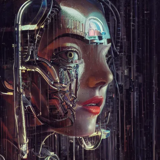 Image similar to detailed face of a biomechanical woman, moment, cyberpunk cloisters, electronic billboards, tech noir, wet reflections, prism, atmospheric, ambient, pj crook, syd mead, livia prima, greg rutkowski, edward hopper