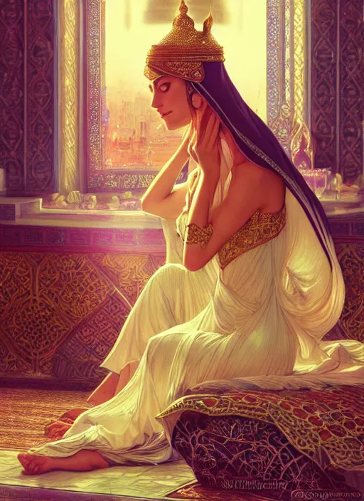 Image similar to an arabian princess relaxing in her palace, raining outside, shiny, fantasy, intricate, elegant, hyper detailed, ultra definition, photoreal, artstation, unreal engine rendered, concept art, smooth, sharp focus, illustration, art by artgerm and greg rutkowski and alphonse mucha and garis edelweiss