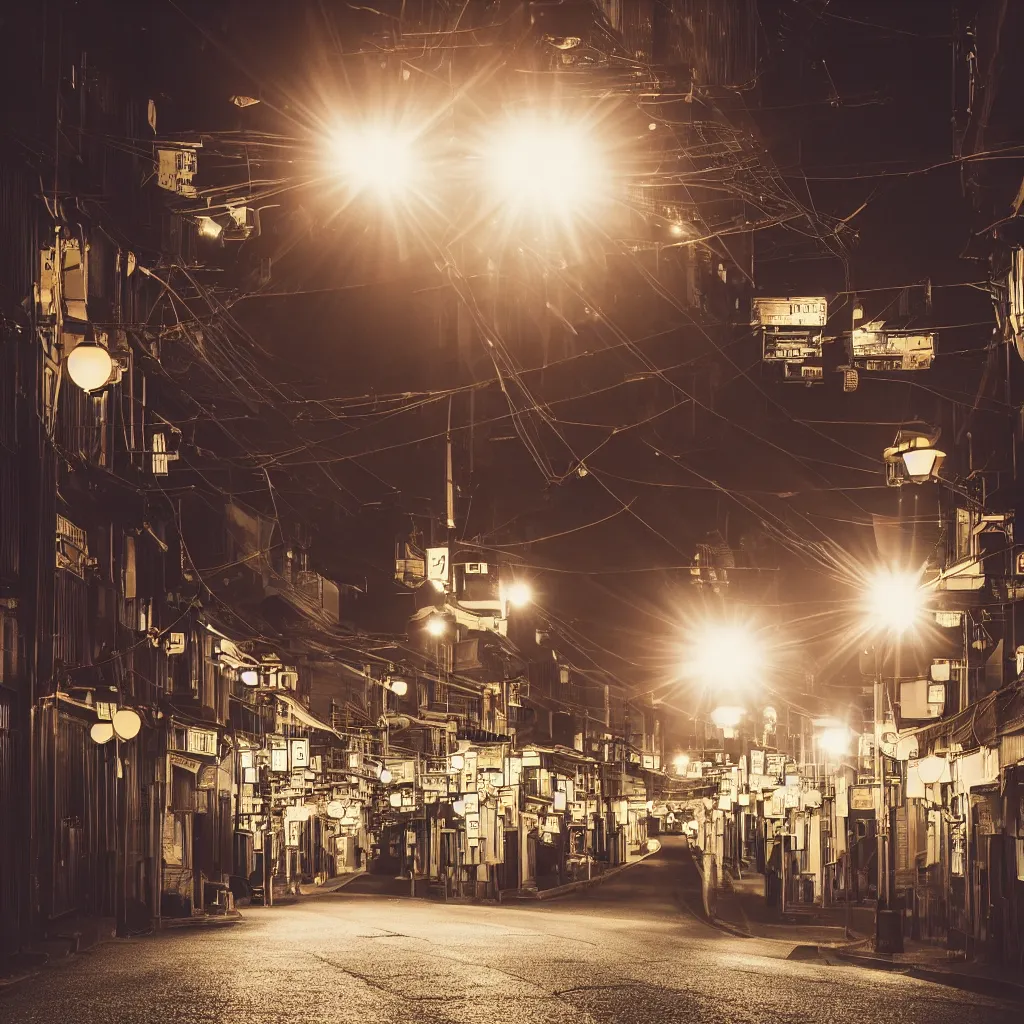 Image similar to photograph of kyoto street at night, bright street lamps, lens flare