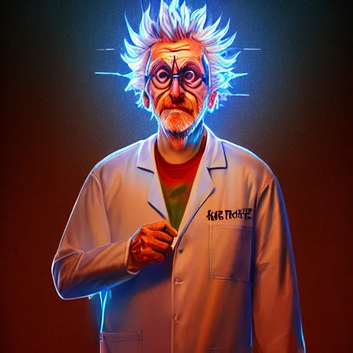 Image similar to portrait art illustration of old rick sanchez, lab coat and tee shirt, lens flare, atmosphere, glow, detailed, intricate, full of colour, cinematic lighting, 4 k, hyperrealistic, focused, extreme details, cinematic, masterpiece