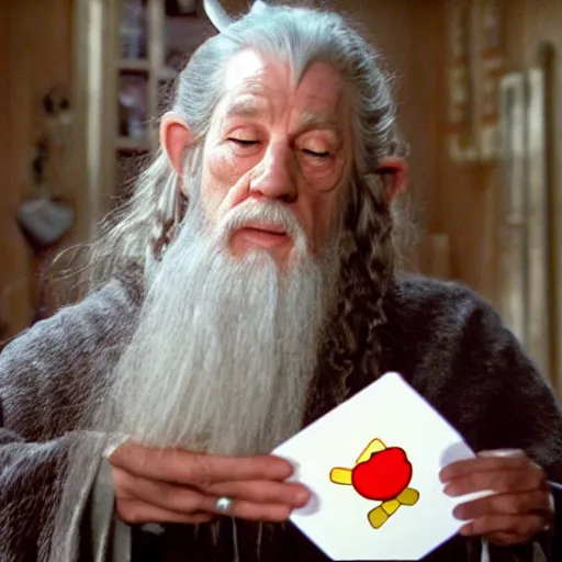 Prompt: portrait of gandalf, wearing a Hello Kitty bow, holding a blank playing card up to the camera, movie still from the lord of the rings