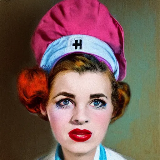 Image similar to retro 1 9 5 0 s clowncore pastel punk hospital nurse wearing stylish head - wear. detailed, portrait, 8 k, artwork by jean - baptiste monge