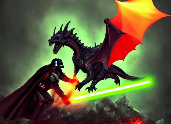 Image similar to cell shaded darth vader riding a dragon, vader is holding a lightsaber, the dragon is breathing fire, vivid, colorful, artstation