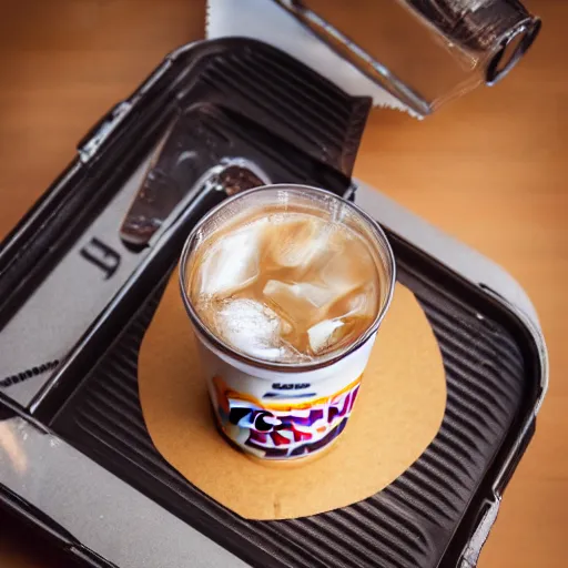 Prompt: Professional photography of a Dunkin Donuts iced coffee