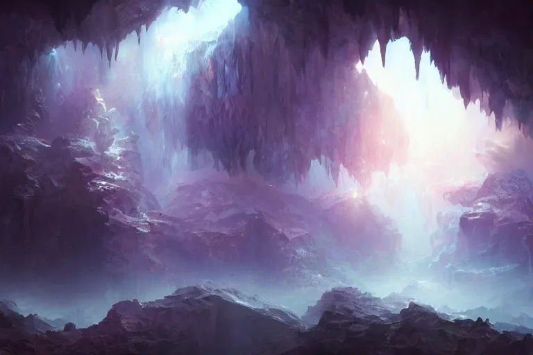 Image similar to a magical cave full of crystals, concept art, artstation, fantasy, mist, volumetric lighting