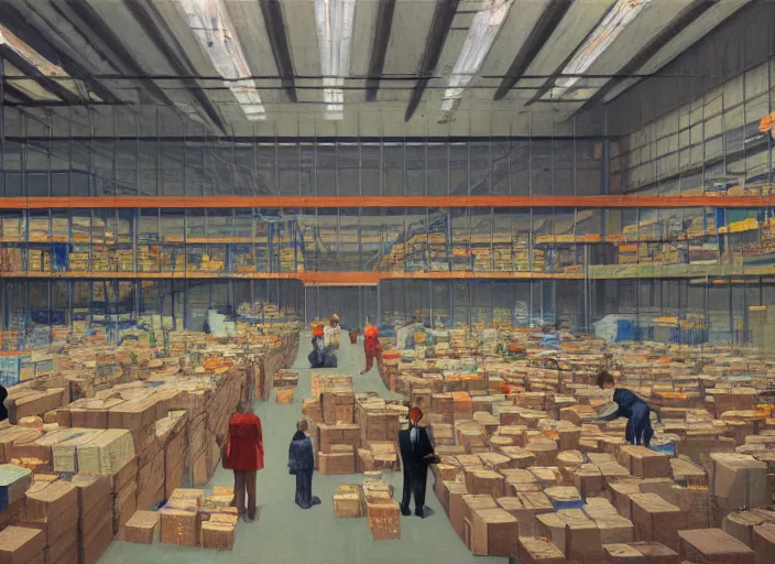 Prompt: inside a giant warehouse Amazon fulfillment center, people stacked on shelves in plastic bags Edward Hopper and James Gilleard, Zdzislaw Beksinski, highly detailed