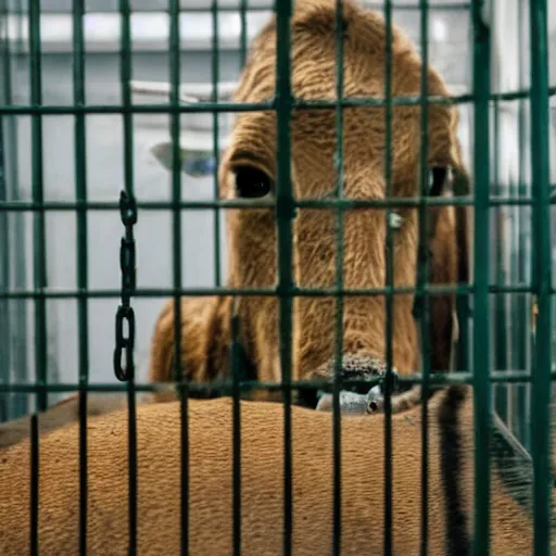 Image similar to chained calf inside a cage watching a bottle of milk