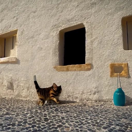 Prompt: a photography of a cat stealing mortadela in a hotel with trulli at puglia, photorreal