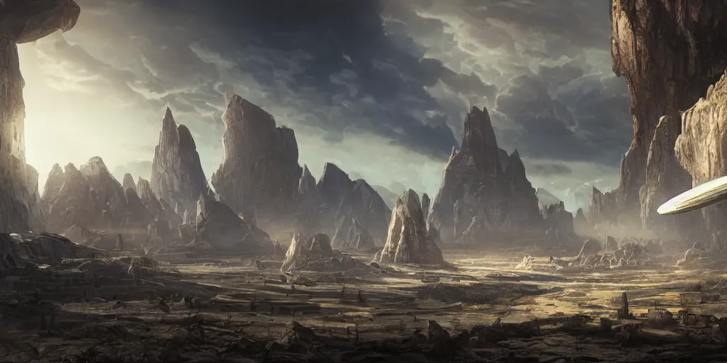 Image similar to ancient futuristic civilization in another planet, dramatic lighting, cinematic establishing shot, extremely high detail, photorealistic, cinematic lighting