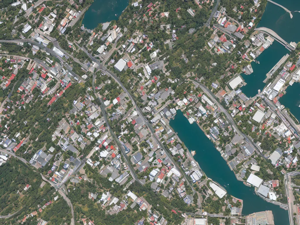 Image similar to satellite imagery of a small city with shops, shipping dock, and beach to the south. a bridge crosses a big lake, with a town hall, marketplace, and towers to the north. there is a field in the middle of the city. small hills and woods north of the city