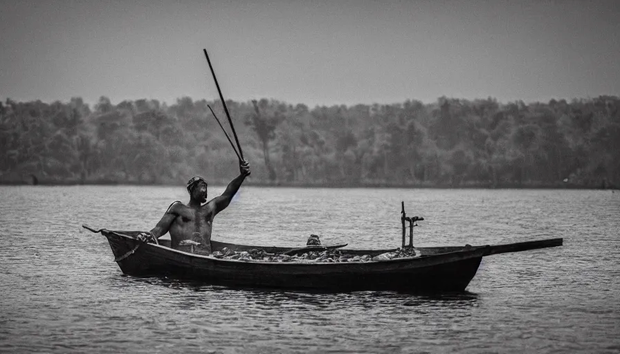 Prompt: a man in a barque made of flesh on a blood river, leica sl 2, heavy grain, high quality, high detail, in color