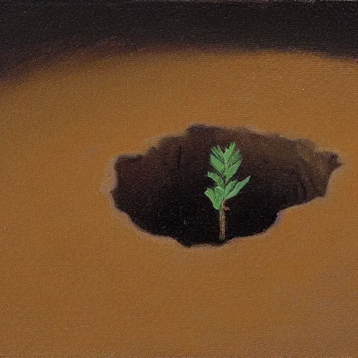 Image similar to painting of a single small seed sitting in a shallow hole in fresh earth. the painting is characterized by its use of light and shadow to create a sense of depth, its muted colors, and its focus on nature.