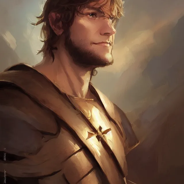 Prompt: christof romuald is a renowned brujah and a former crusader knight, lon - hair, crusader, beautiful young man, brown hair, brown eyes, without beard, without mustache, by stanley artgerm lau, wlop, rossdraws, frank frazetta, andrei riabovitchev, marc simonetti