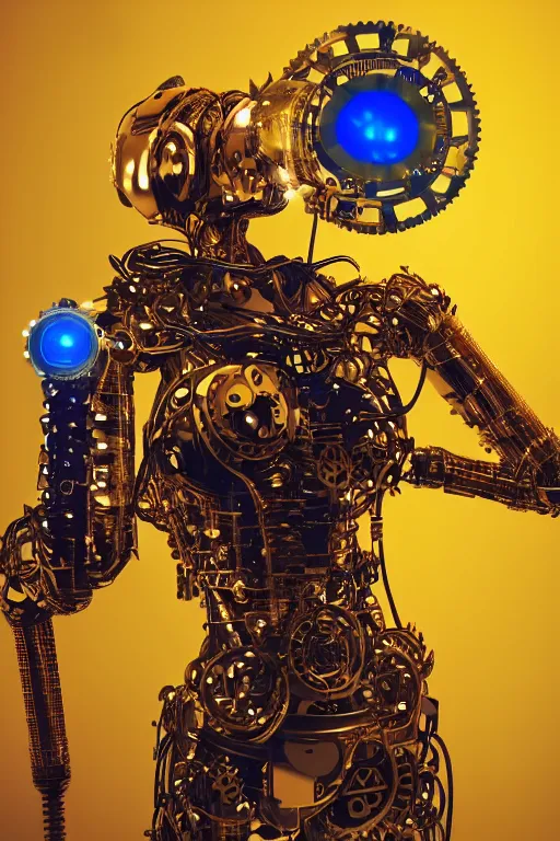 Image similar to portrait photo of a giant huge golden and blue metal humanoid steampunk cyborg female singer with a human face and gears and tubes, in the foreground is a big red glowing microphone, eyes are glowing red lightbulbs, shiny crisp finish, 3 d render, 8 k, insaneley detailed, fluorescent colors, background is multicolored lasershow