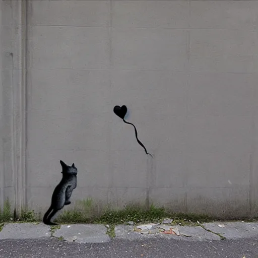 Image similar to a cat trying to catch a balloon on concrete, by banksy