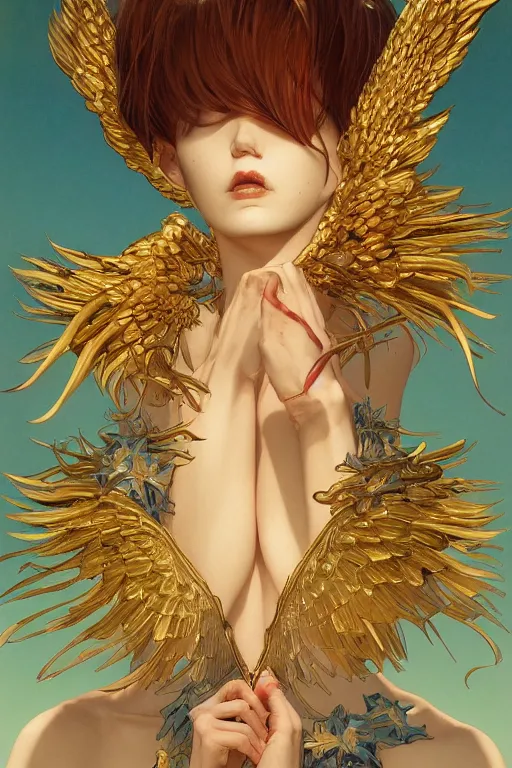 Image similar to prompt : angel women with golden wings soft light painted by james jean and katsuhiro otomo and erik jones, inspired by akira anime, smooth face feature, intricate oil painting, high detail illustration, sharp high detail, manga and anime 1 9 9 9