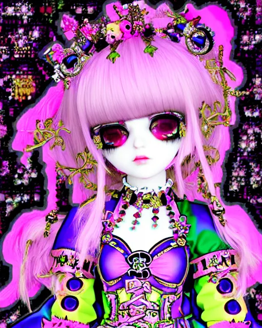 Image similar to baroque bedazzled gothic royalty frames surrounding a pixelsort emo demonic horrorcore japanese beautiful jester decora moe doll, low quality sharpened graphics, remastered chromatic aberration, detailed maximalist sanrio art