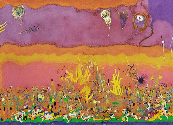 Image similar to expressionistic decollage painting golden armor alien zombie horseman riding on a crystal bone dragon broken rainbow diamond maggot horse in a blossoming meadow full of colorful mushrooms and golden foil toad blobs in a golden sunset, distant forest horizon, painted by Mark Rothko, Helen Frankenthaler, Danny Fox and Hilma af Klint, pixelated, semiabstract, color field painting, byzantine art, microsoft paint art, pop art look, naive, outsider art. Bekinski painting, part by Philip Guston and George Condo, art by Adrian Ghenie, 8k, extreme detail, intricate detail, masterpiece