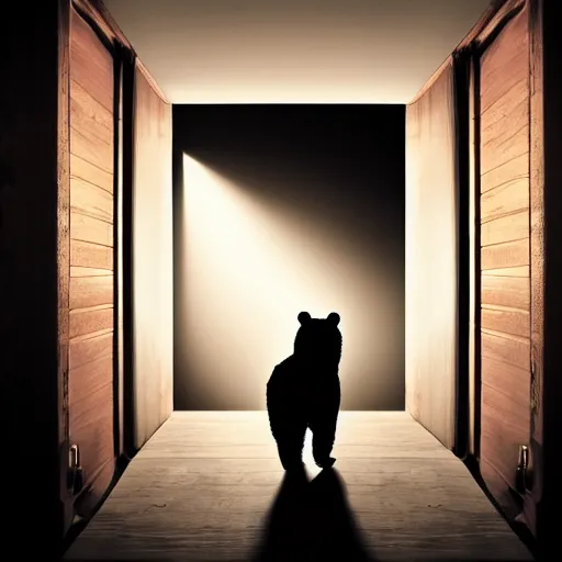 Image similar to dark photograph of a small bear mascot with a spotlight focused on him walking through a large wooden doorway