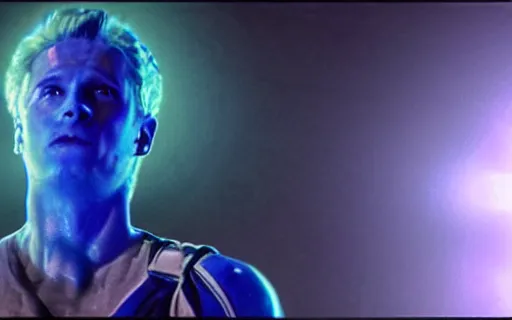 Image similar to still frame from blockbuster movie showcasing groundbreaking cgi a character made of blue cherenkov radiation