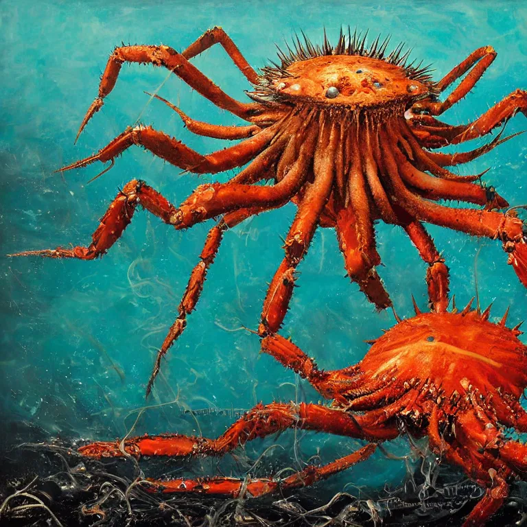 Prompt: Hyperrealistic intensely colored Studio wet collodion Photograph portrait of a deep sea Giant spiked Crab with very long! spindly spiked legs and big claws deep underwater in darkness long exposure, award-winning nature deep sea expressionistic impasto heavy brushstrokes oil painting by Fabian Marcaccio and Norman Rockwell and Audubon vivid colors hyperrealism 8k