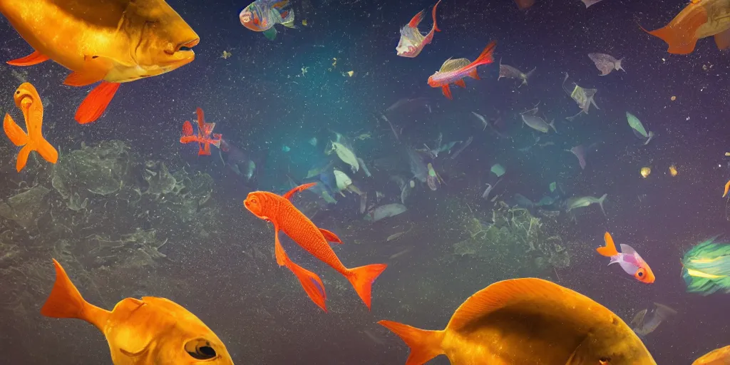 Image similar to a group of fishes of different types and sizes swimming between the clouds in outer space, stars and suns in the background, landscape, Artstation Trending, cgsociety, high quality, very coherent, ultra realism, high definition, post processing, unreal engine, 8k, high resolution, octane render, 4k UHD, photographic, digital art, art by uroš golubović artstation + bobryshev aleksandr artstation + ranulf busby doku artstation + echo lima artstation