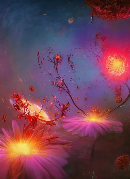 Image similar to An epic fantastic realism comic book style painting of the most beautiful spinning flower bundles into the dark cosmos, fisheye, a star explodes in flowers, unreal 5, DAZ, hyperrealistic, octane render, dynamic lighting
