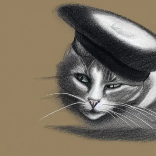 Image similar to cat sat on a mat wearing a hat and holding a bat pencil sketch, smooth, sharp focus