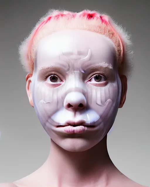 Prompt: symmetrical portrait of a woman wearing a embroidered translucent silicone mask and pink hair buns, wearing a black bodysuit by alexander mcqueen, cream white background, soft diffused light, biotechnology, humanoide robot, bjork aesthetic, translucent, by rineke dijkstra, intricate details, highly detailed, masterpiece,