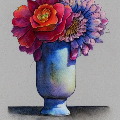 Image similar to a porcelain vase with a colorful and beautiful flower arrangement. very stylize and delicate watercolor and pencil drawing. beautiful lighting, 4 k post - processing, trending in art station, cg society, highly detailed, 5 k extremely detailed, 3 d. cinematic scene.