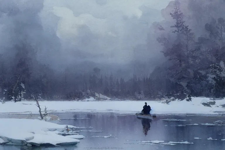 Image similar to watercolor painting of crystal clear ice lake, reflective, winter, fog and snowfall, ambient lighting, art by anders zorn and winslow homer, wonderful masterpiece by greg rutkowski, cinematic light, american romanticism by greg manchess, creation by tyler edlin