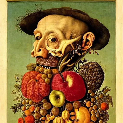 Prompt: a portrait a very ordinary person, by Giuseppe Arcimboldo, portrait, fruit, renaissance, anatomically correct, beautiful perfect face, sharp focus, Highly Detailed