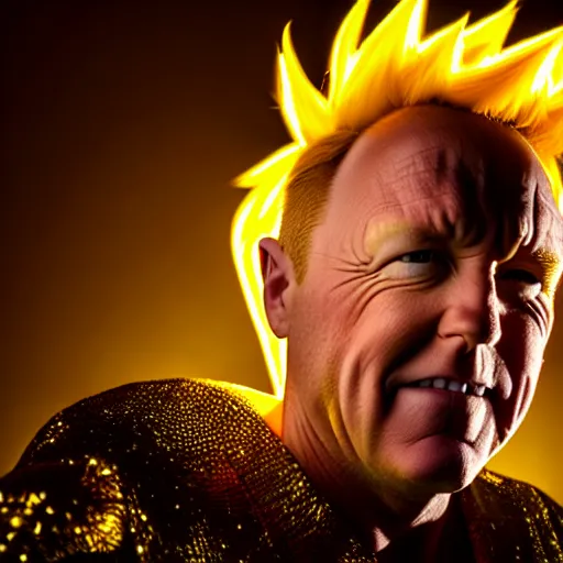 Prompt: uhd candid photo of alex e. jones as a super sayian, glowing, global illumination, studio lighting, radiant light, detailed, correct face, elaborate intricate costume. photo by annie leibowitz